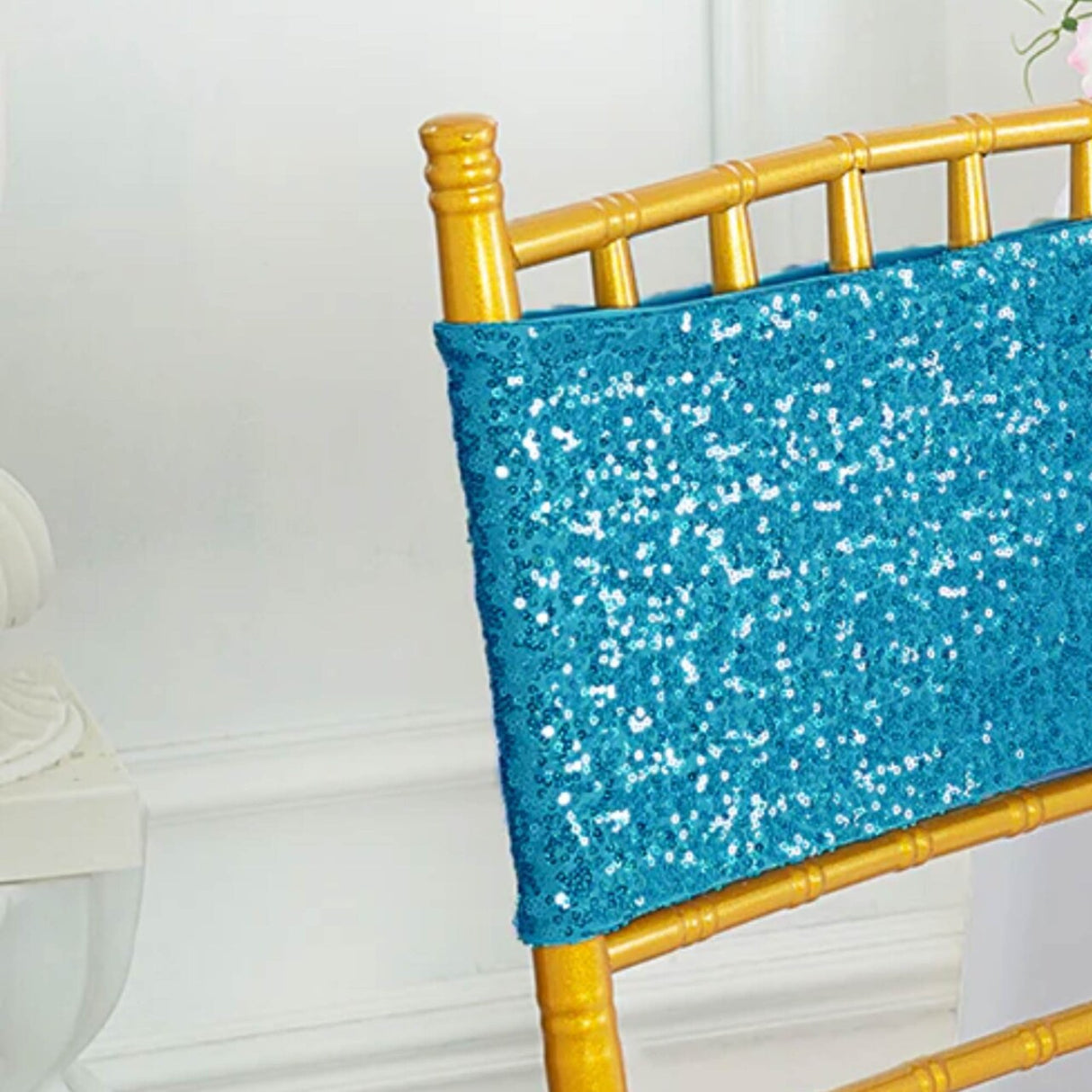 10 Pieces Shimmering Turquoise Sequin Spandex Chair Bands 7 x 13 Inches