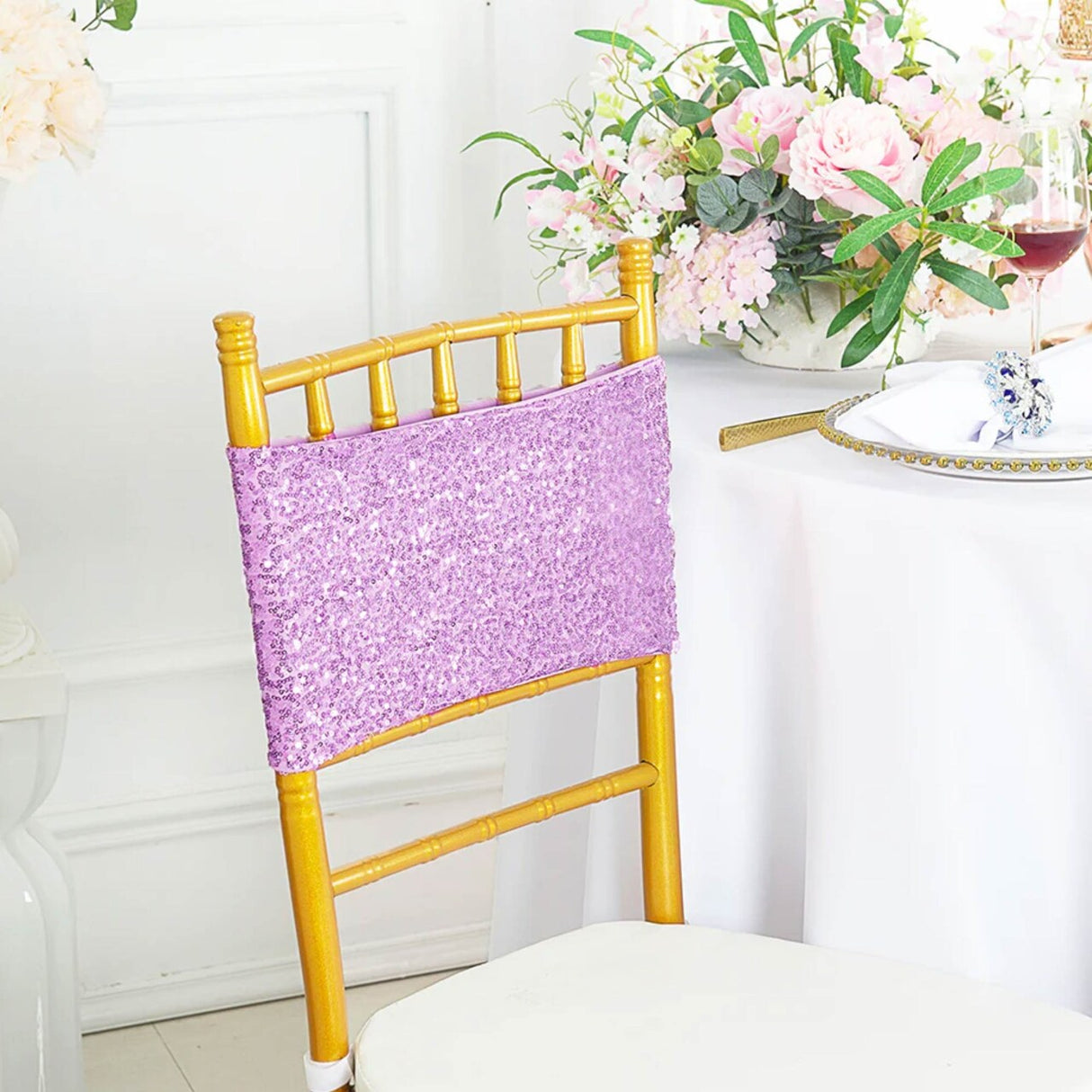 10 Pieces Shimmering Lavender Sequin Stretch Spandex Chair Bands 7 x 13 Inches