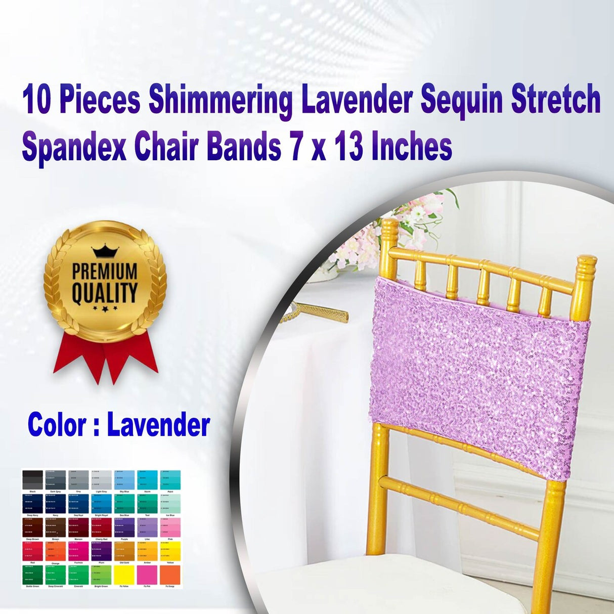 10 Pieces Shimmering Lavender Sequin Stretch Spandex Chair Bands 7 x 13 Inches