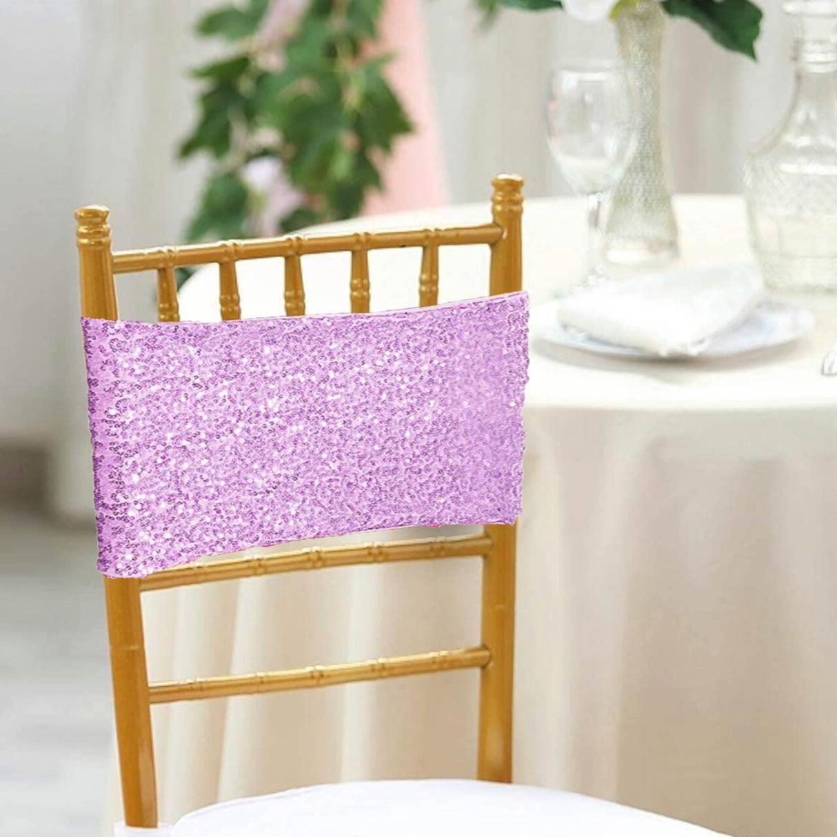 10 Pieces Shimmering Lavender Sequin Stretch Spandex Chair Bands 7 x 13 Inches