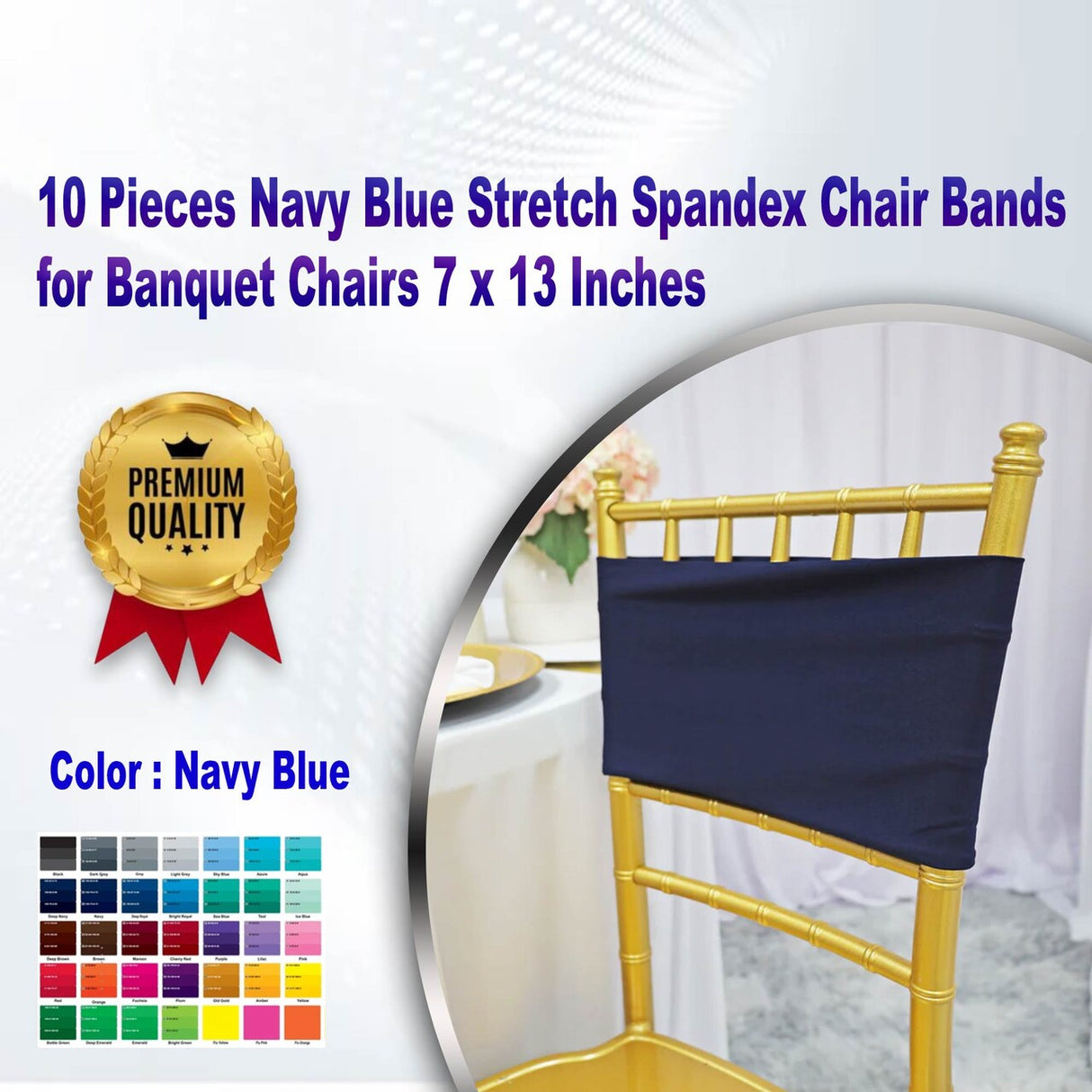 10 Pieces Navy Blue Stretch Spandex Chair Bands for Banquet Chairs 7 x 13 Inches