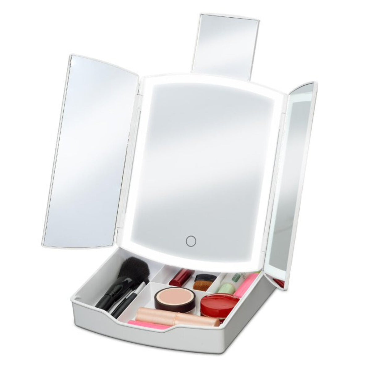 iHome iCVS30 Portable Tri-Fold Lighted Vanity Mirror with Makeup Organizer – Three Color Light Modes