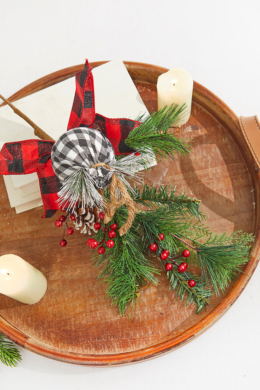 18” Holiday Pine Pick with Buffalo Check Ornament & Berries