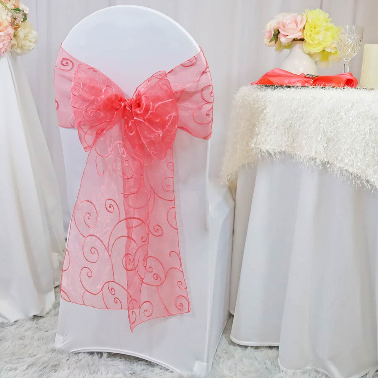 10 Pieces Coral Embroidered Organza Chair Sashes Sheer Wedding Event Chair Decor 8"x108"