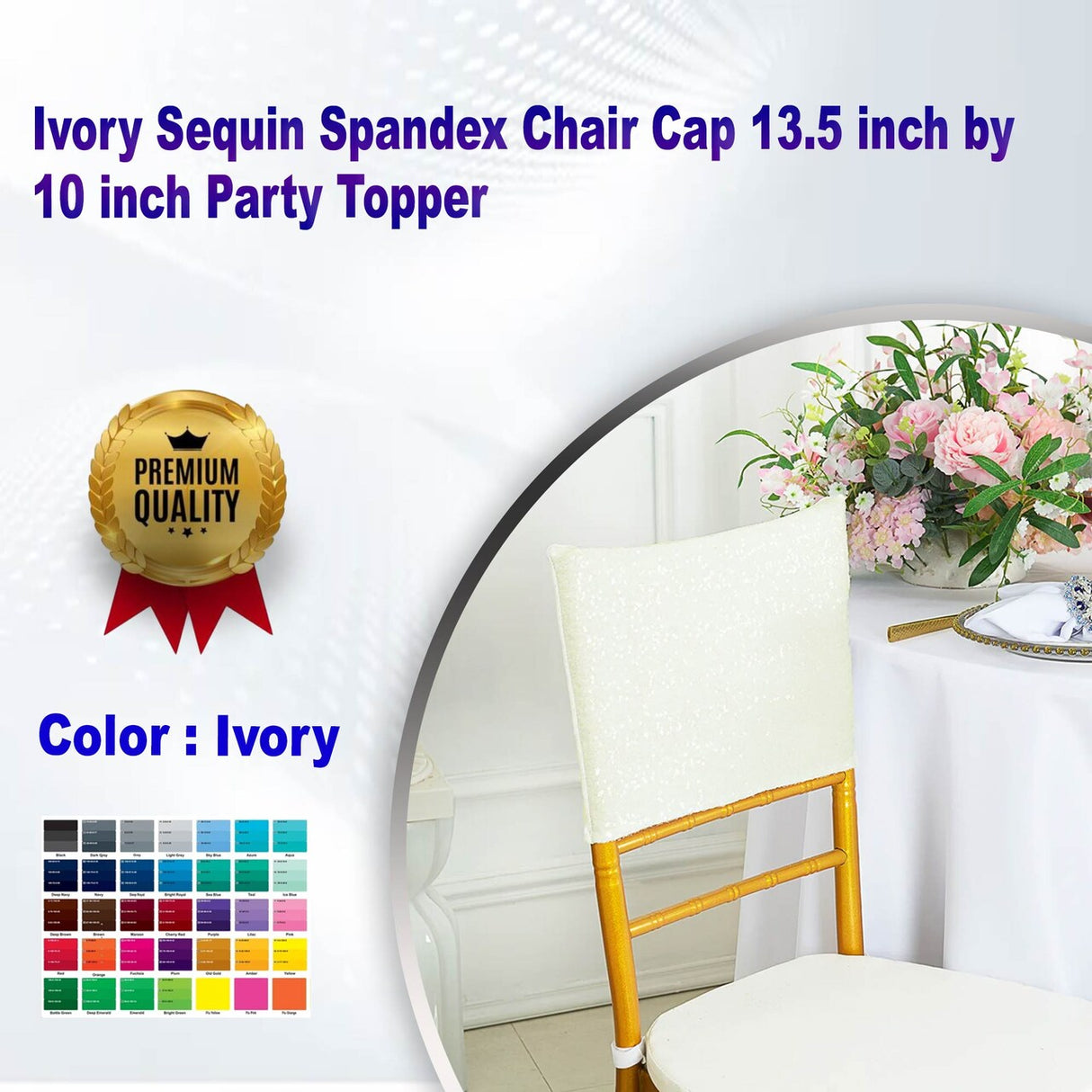 1 Piece Ivory Sequin Spandex Chair Cap 13.5 inch by 10 inch Party Topper