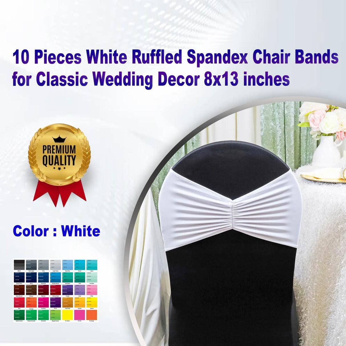 10 Pieces White Ruffled Spandex Chair Bands for Classic Wedding Decor 8x13 inches