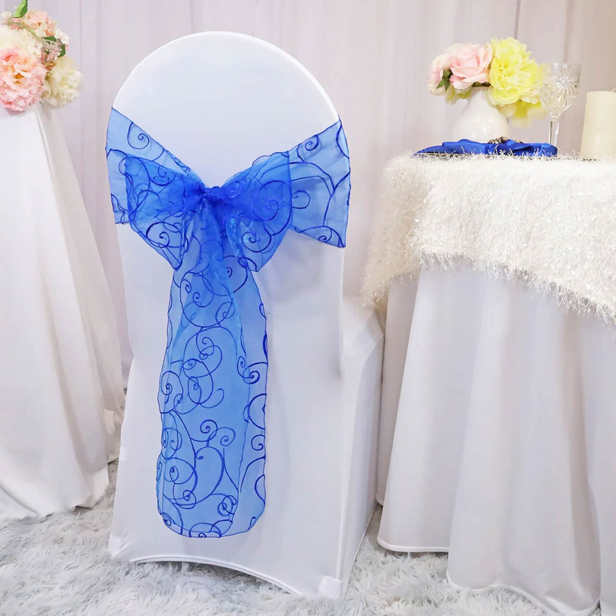10 Pieces Royal Blue Embroidered Organza Chair Sashes 8"x108" Elegant Wedding & Event Decor