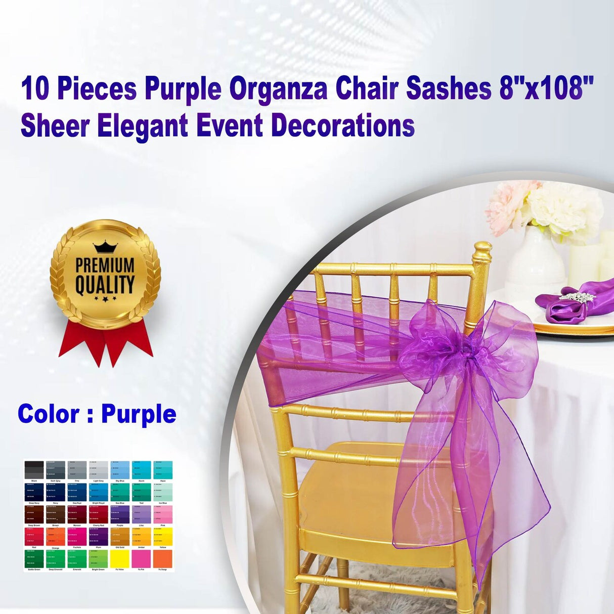 10 Pieces Purple Organza Chair Sashes 8"x108" Sheer Elegant Event Decorations