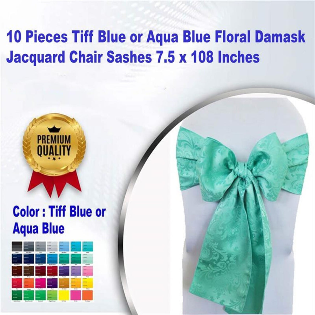 10 Pieces Tiff Blue Or AquaBlue Floral Damask Jacquard Chair Sashes 7.5 x 108 Inches