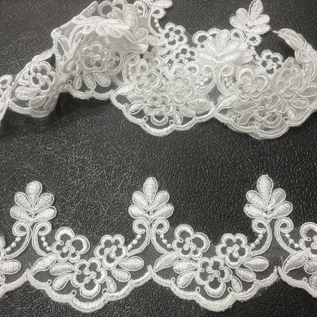 1 Yard Corded Lace Trimming on Net Mesh – 3" Wide Metallic | Embroidered Floral Lace for Special Occasions