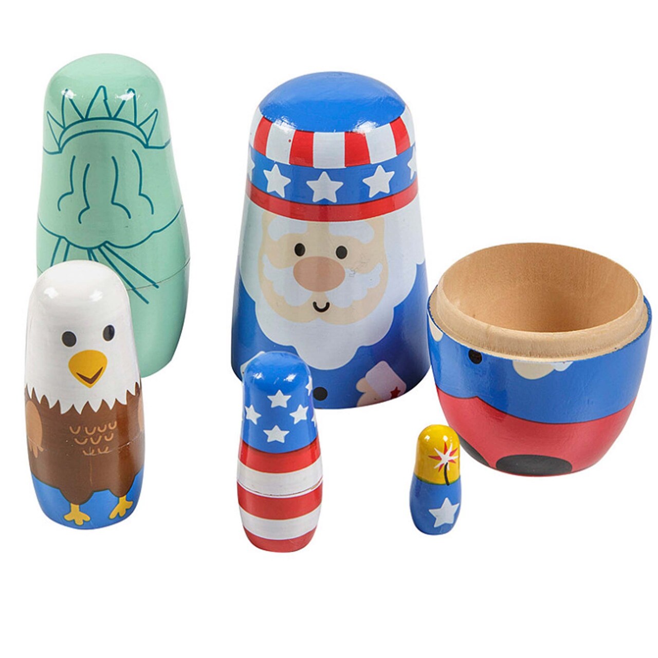 Patriotic Red, White & Blue Characters Wooden Nesting Dolls 5 Pieces