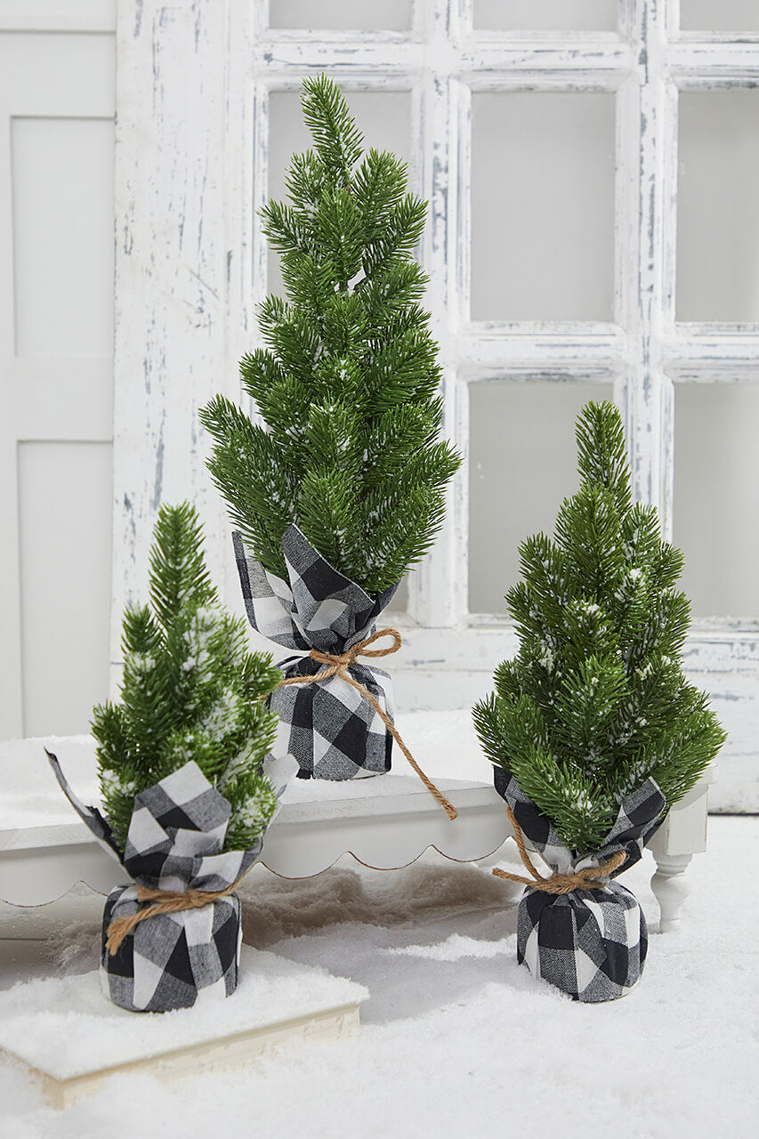 Flocked Pine Tree With Plaid Fabric - Medium