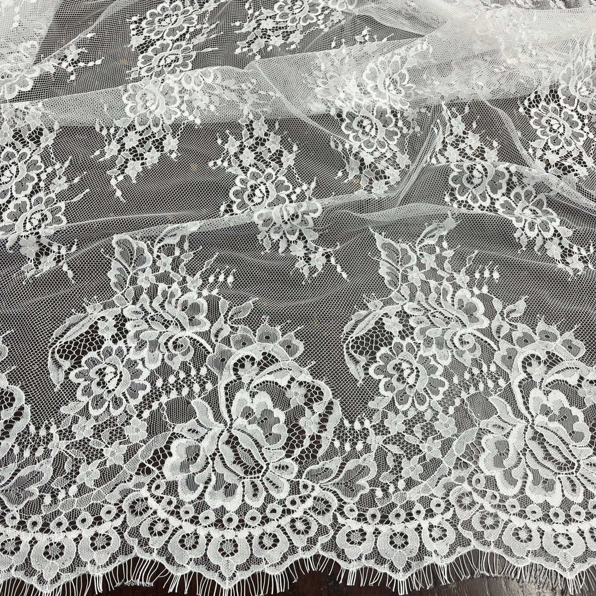 Embroidered Lace Fabric with Eyelash Scallop