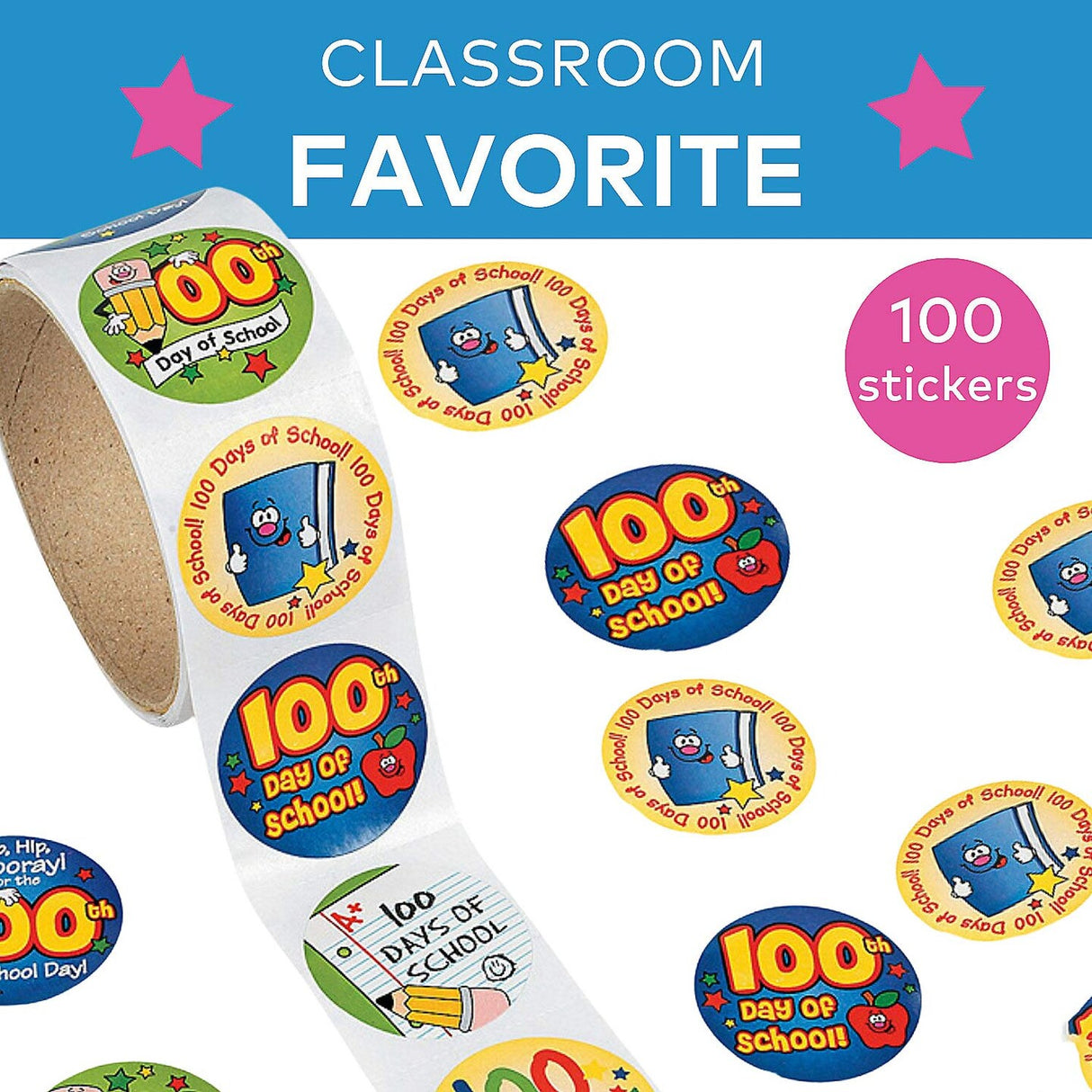 1 1/2" 100th Day of School Multicolor Paper Sticker Roll 100 Pc