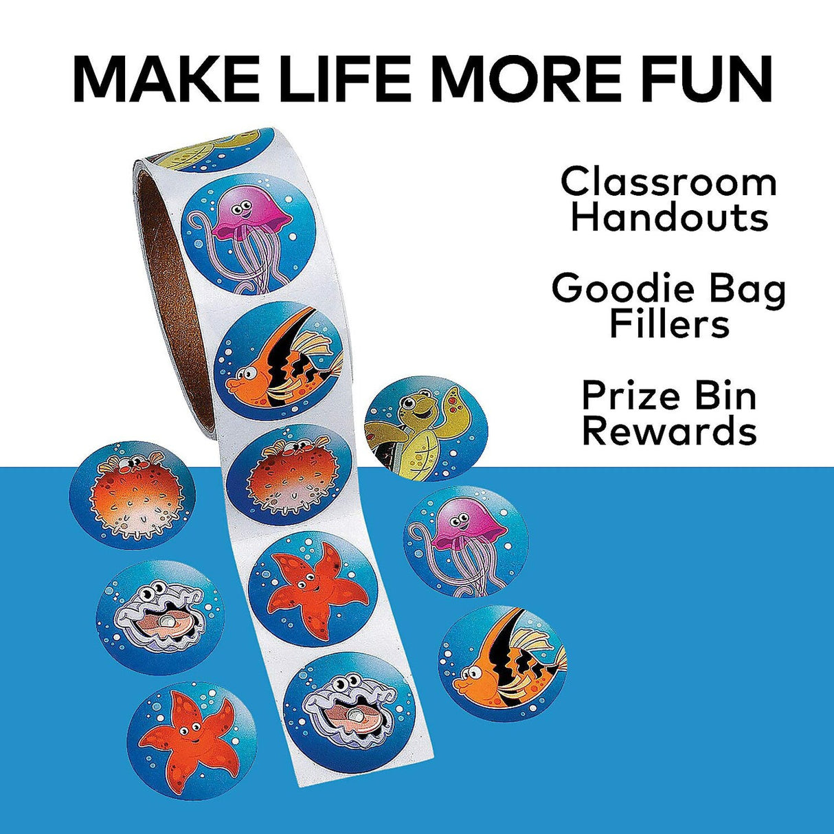 1 1/2" Multicolor Tropical Sea Creatures Paper Sticker Roll 100 Pc