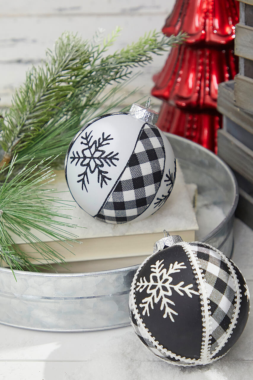 4" Black and White Ball Plaid Ornament