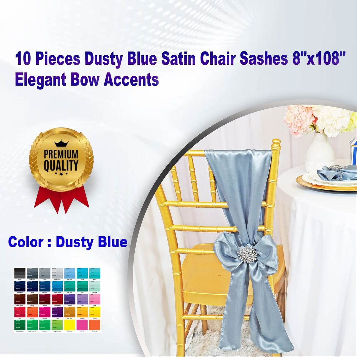 10 Pieces Dusty Blue Satin Chair Sashes 8"x108" Elegant Bow Accents