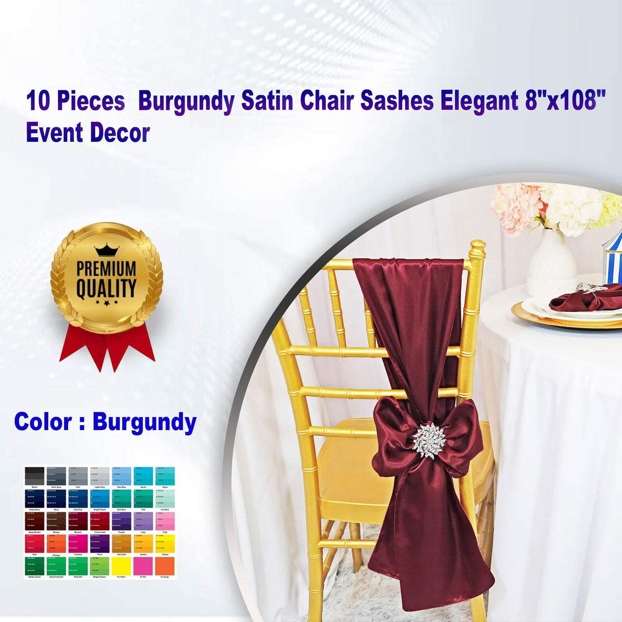 10 Pieces Burgundy Satin Chair Sashes Elegant 8"x108" Event Decor