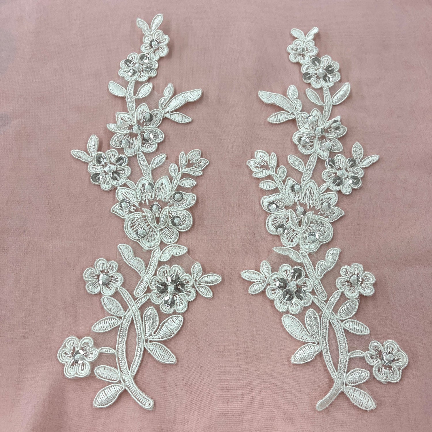 1 Pair Beaded & Corded Floral Lace Applique 10" x 2" Each Side