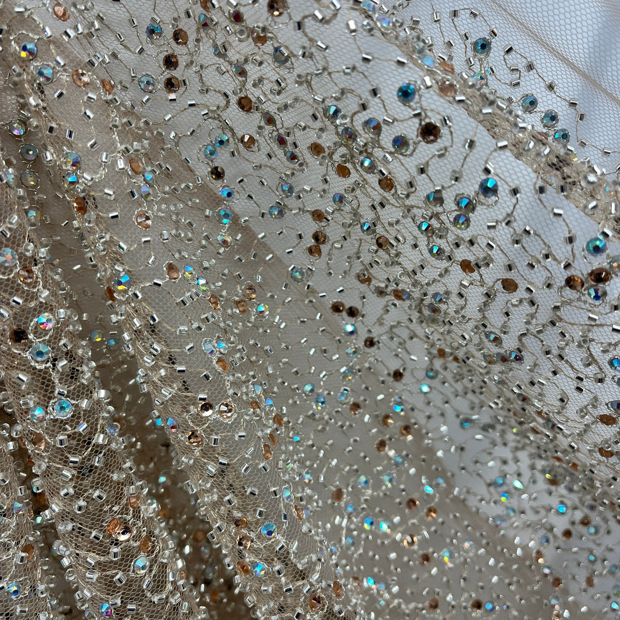 Beaded Lace Fabric on Polyester Net Mesh