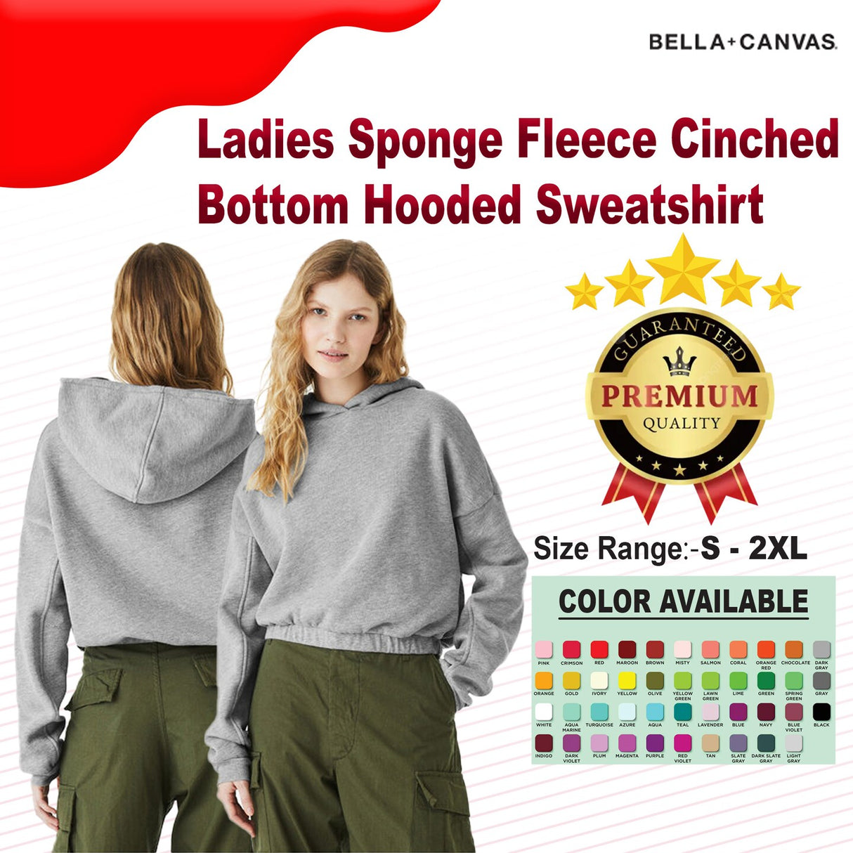 Bella + Canvas® Ladies Sponge Fleece Cinched Bottom Hooded Sweatshirt