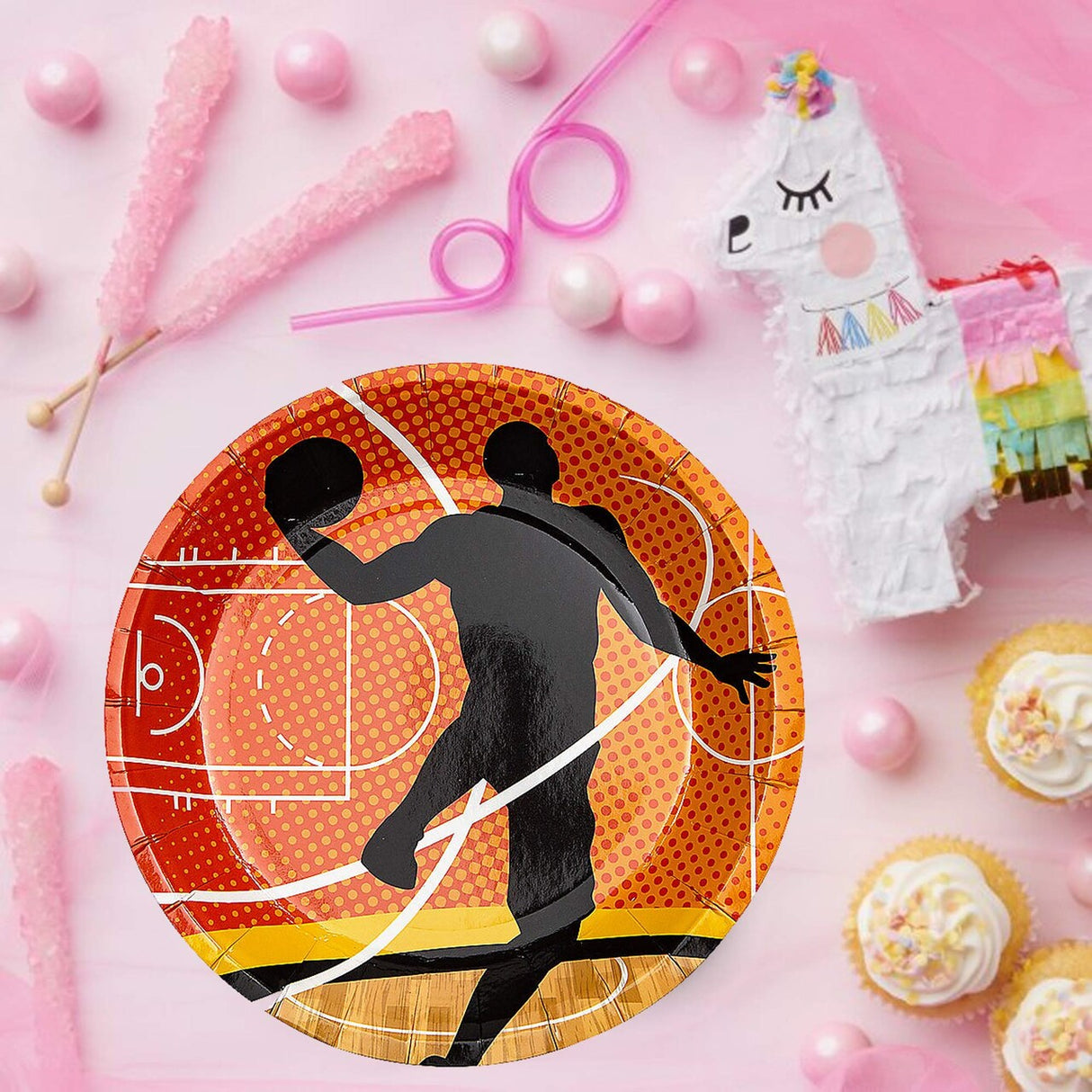 8 Ct. Basketball Party Silhouette Paper Dessert Plates 7 1/4" Disposable Plates, Sports-Themed Birthday Tableware