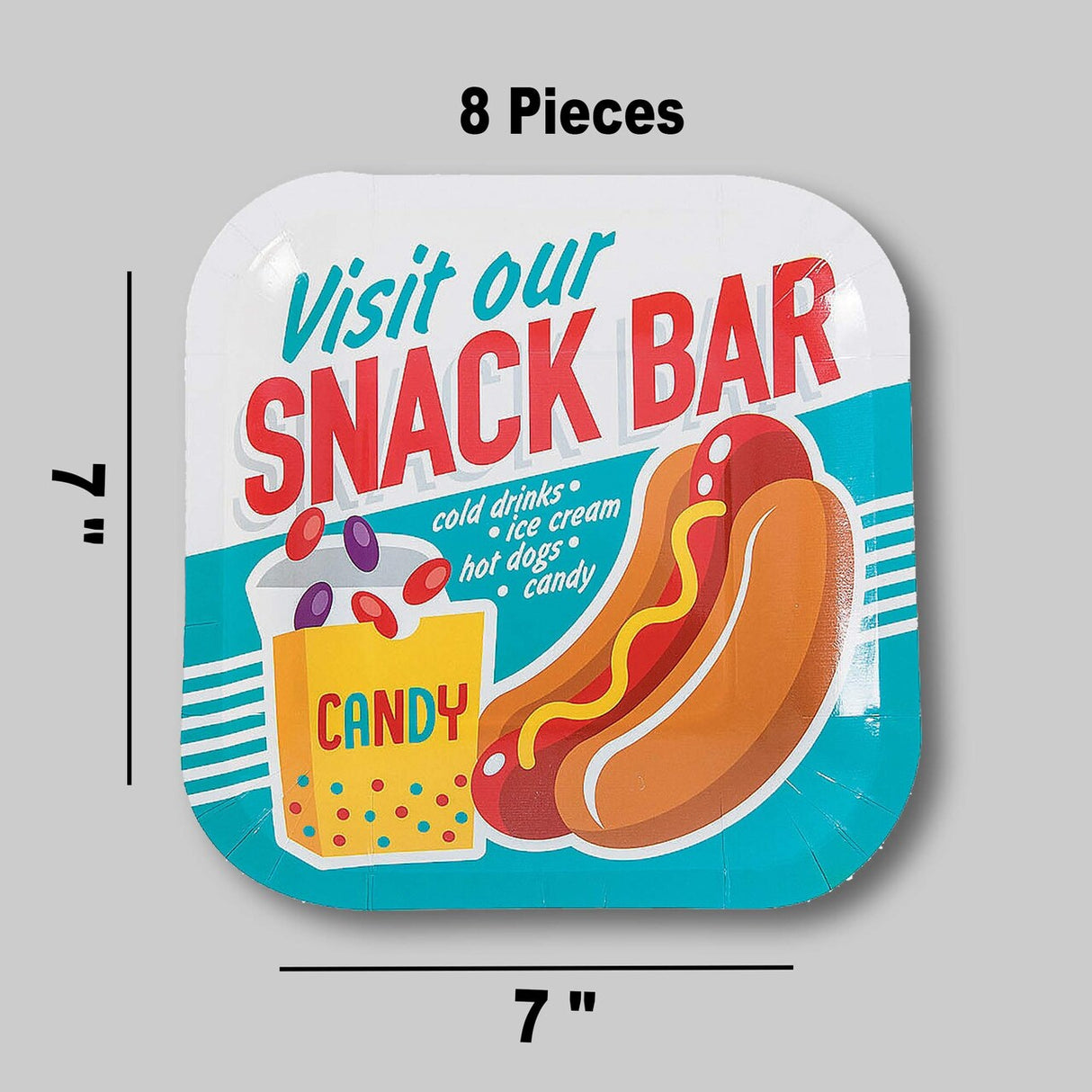 8 Ct. Movie Party Snack Bar Square Paper Dessert Plates 7" Disposable Plates, Cinema-Themed Party Tableware