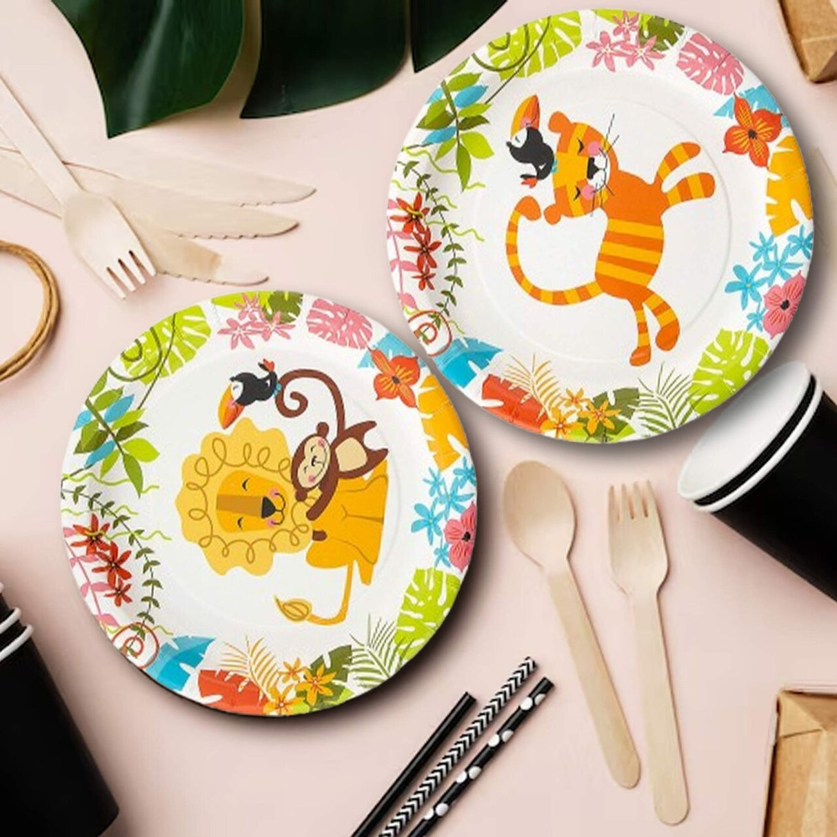 8 Count 7" Jungle Lion Monkey Toucan Disposable Paper Dessert Plates Tropical Baby Shower Tableware