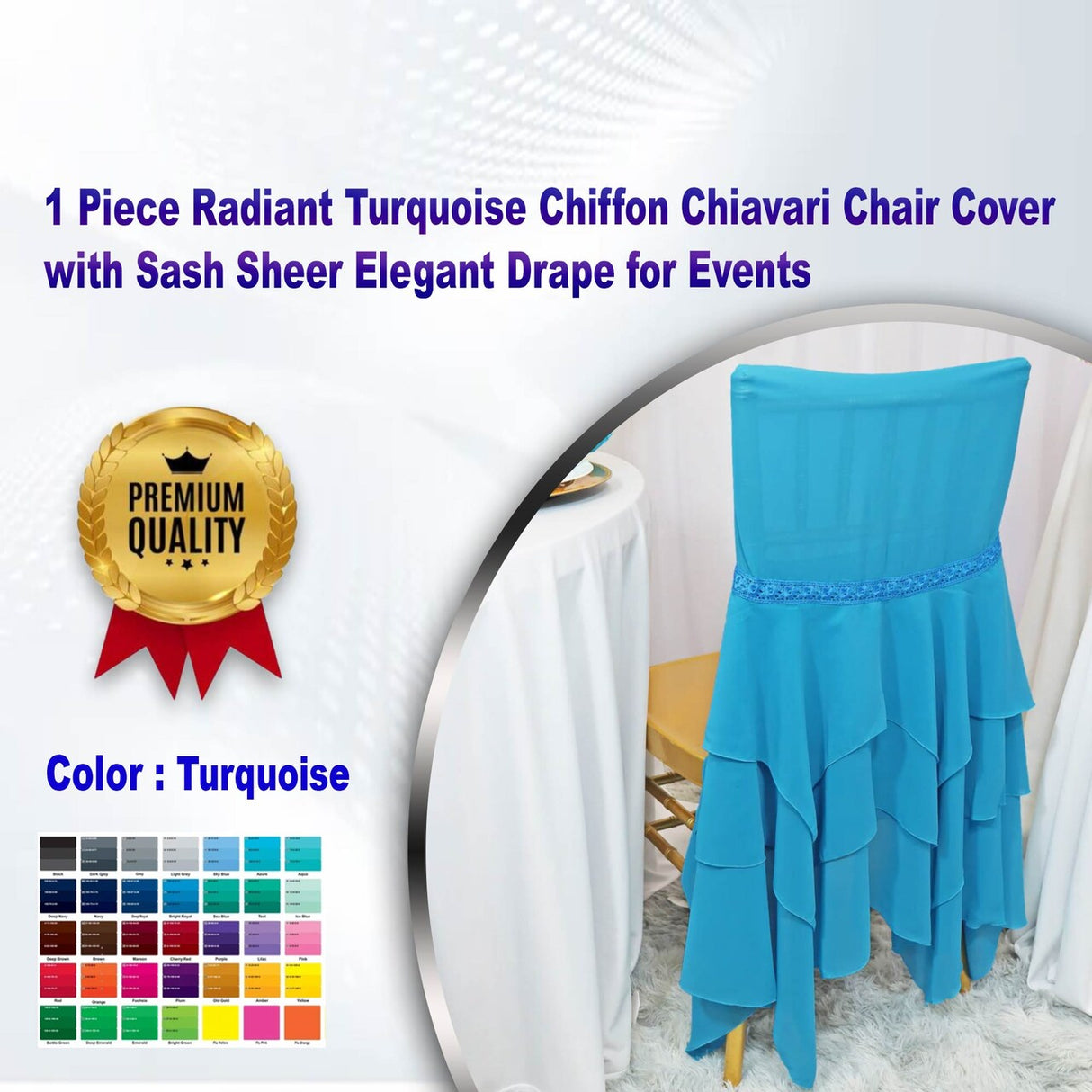 1 Piece Radiant Turquoise Chiffon Chiavari Chair Cover with Sash Sheer Elegant Drape for Events