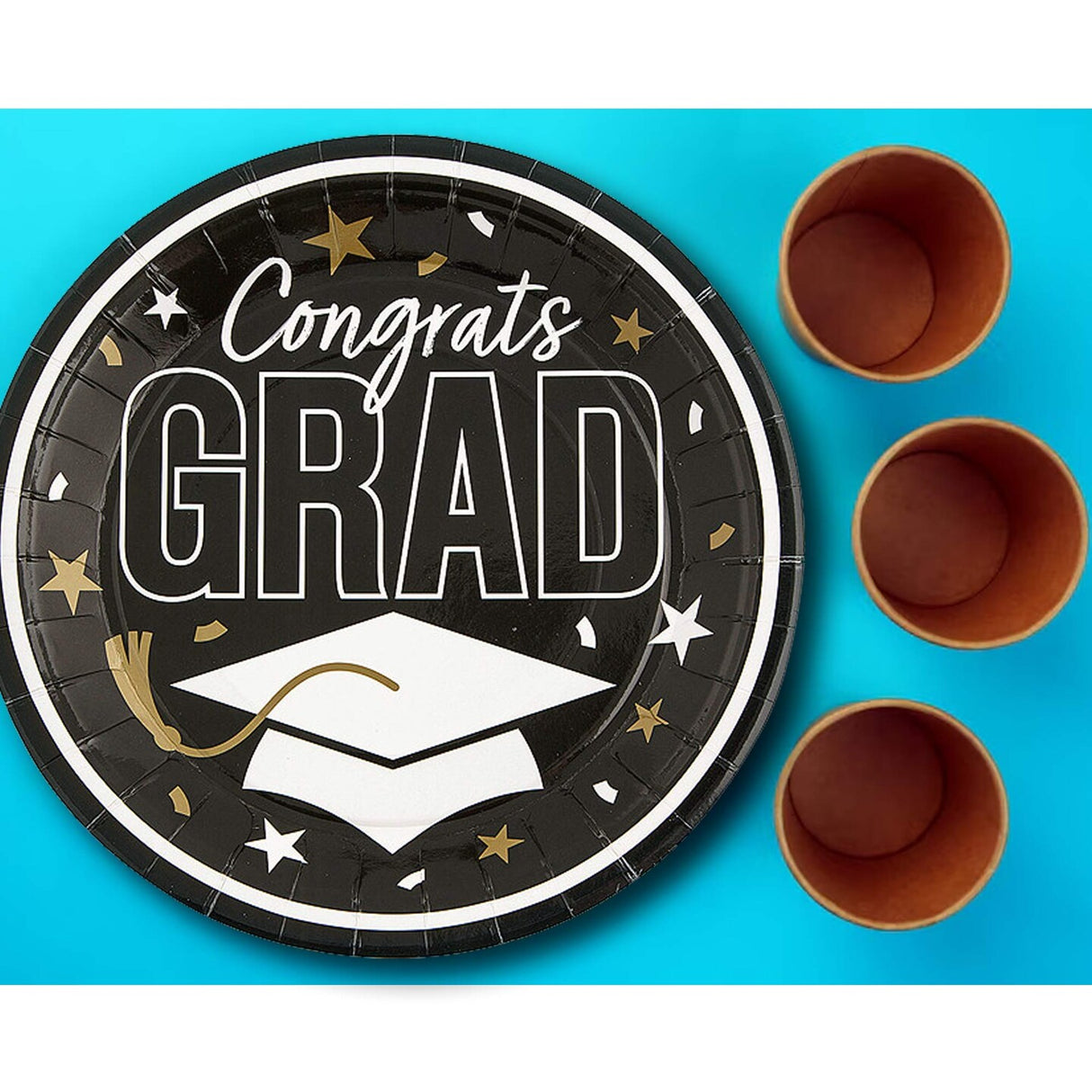 25 Count Black Congrats Grad Paper Plates 9 Inch Round for Graduation Party Decorations