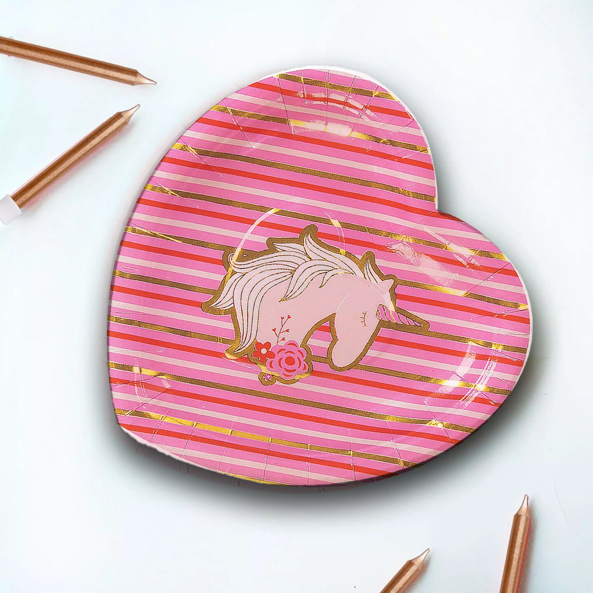 8 Ct. Valentine's Day Unicorn & Gold Foil Paper Dessert Plates 7.5"