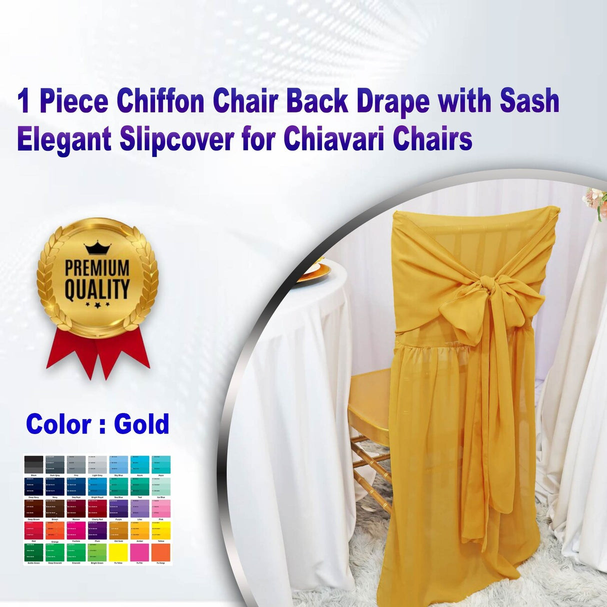 1 Piece Gold Chiffon Chair Back Drape with Sash Elegant Slipcover for Chiavari Chairs