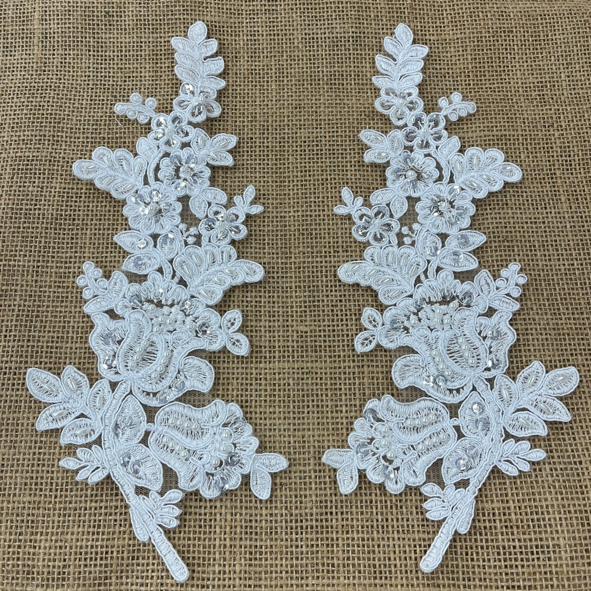 1 Pair 12" x 3.5" Beaded & Corded Floral Lace Applique 100% Polyester Net Mesh