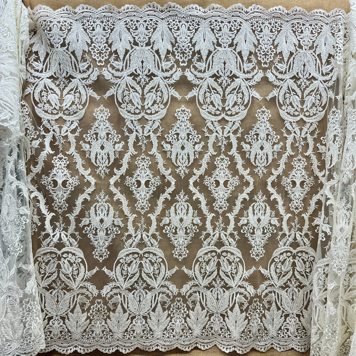 1 Yard Beaded & Corded Bridal Lace Fabric Embroidered on 100% Polyester Net Mesh 54" Wide