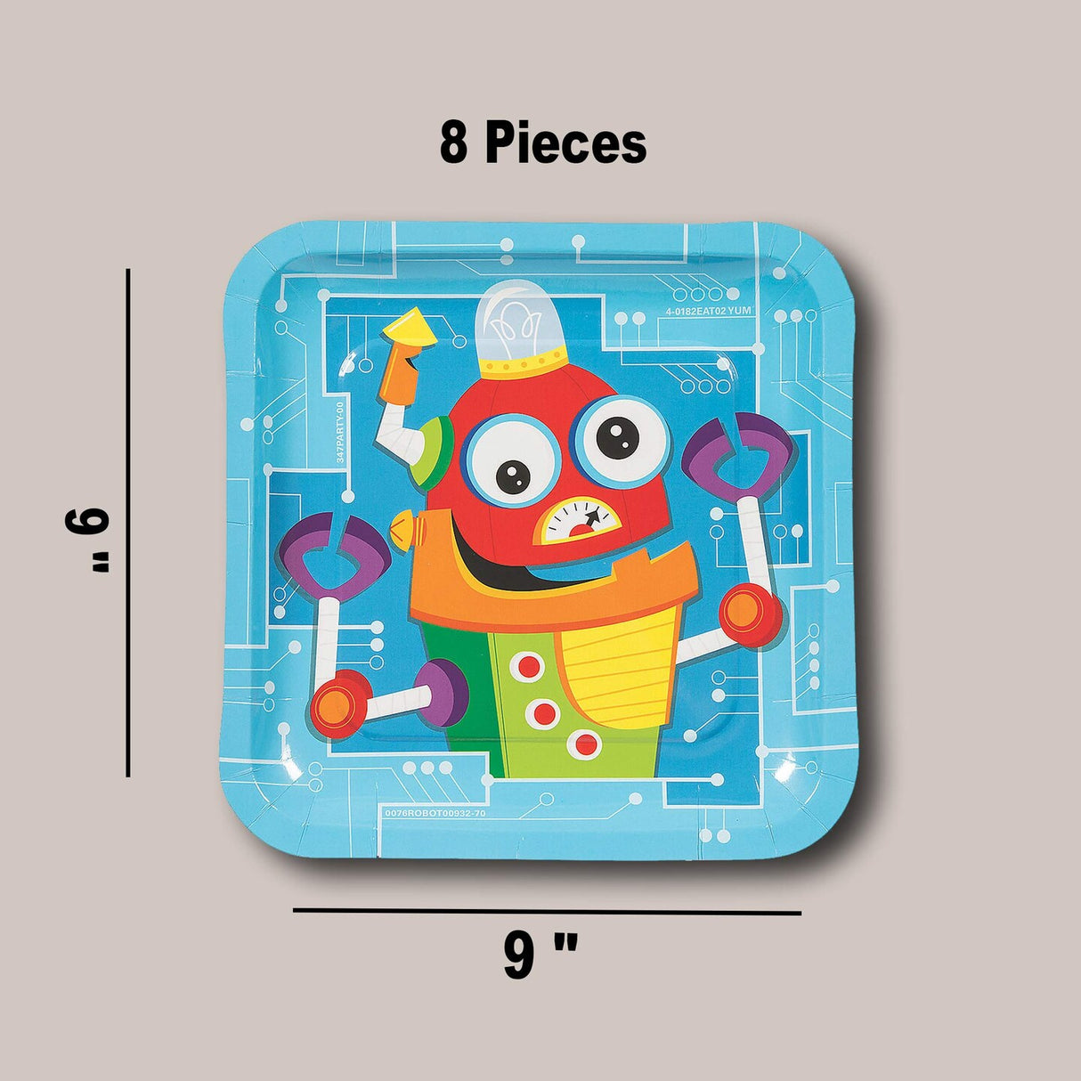 8 Count Silly Robot Party Square Paper Dinner Plates 9 Inch for Kids Birthday Celebration