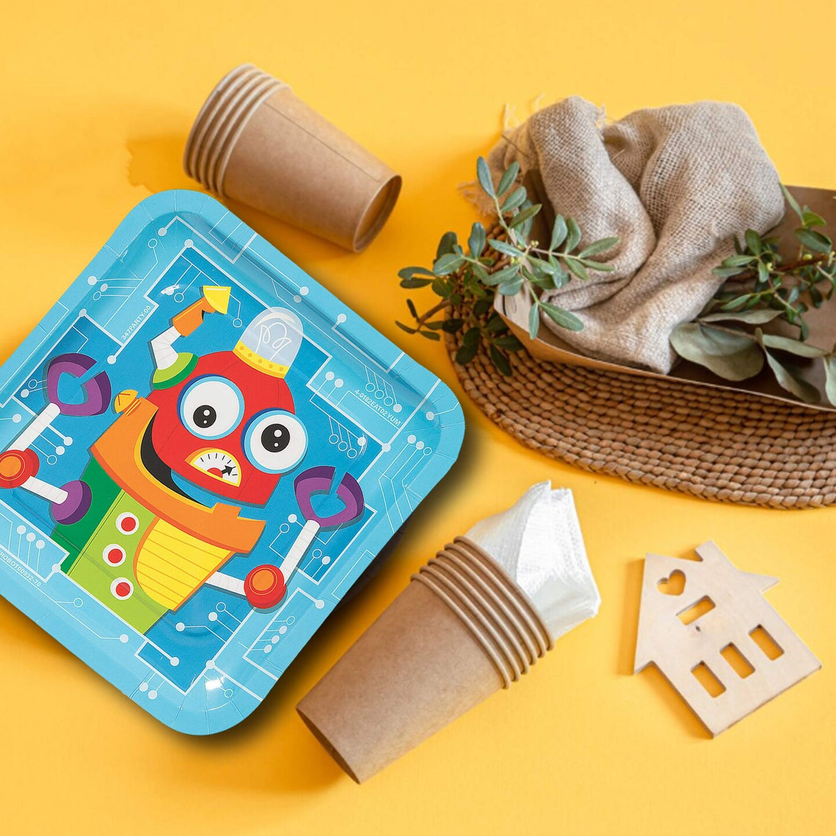 8 Count Silly Robot Party Square Paper Dinner Plates 9 Inch for Kids Birthday Celebration