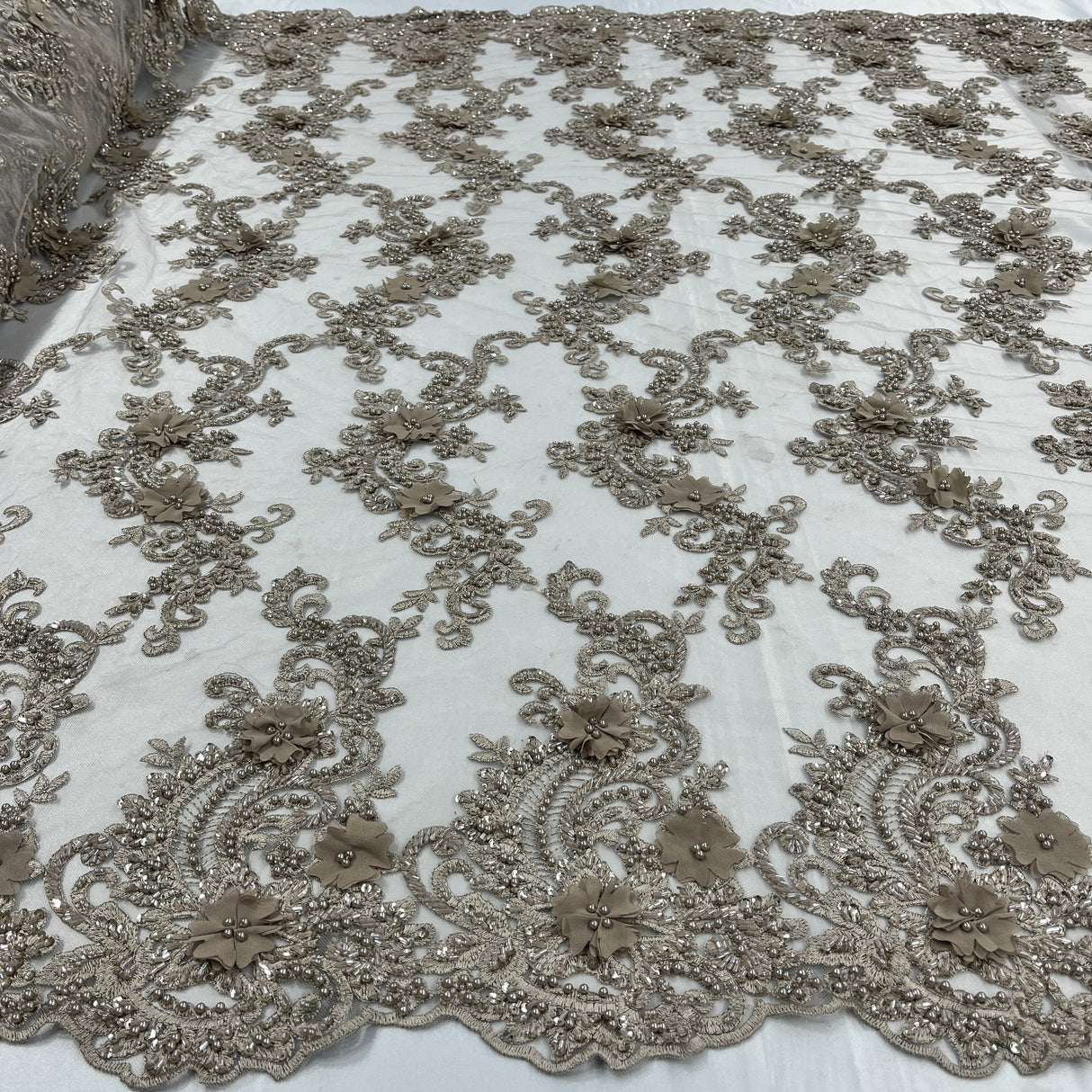 Beaded Floral Lace Fabric 3D Embroidered Net Mesh 52" Wide