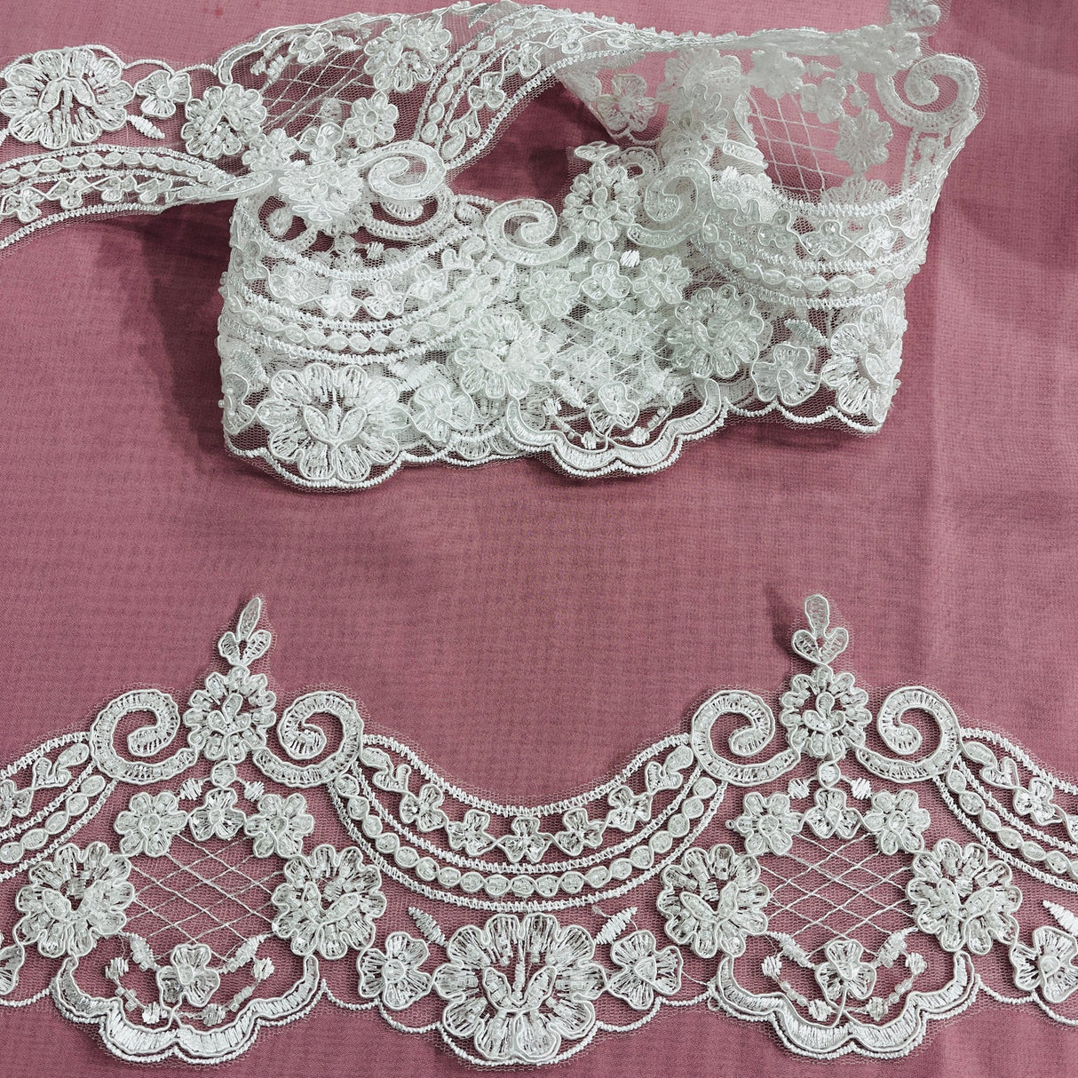 1 Yard  5″ Wide Beaded & Corded Lace Trimming Embroidered on 100% Polyester Net Mesh