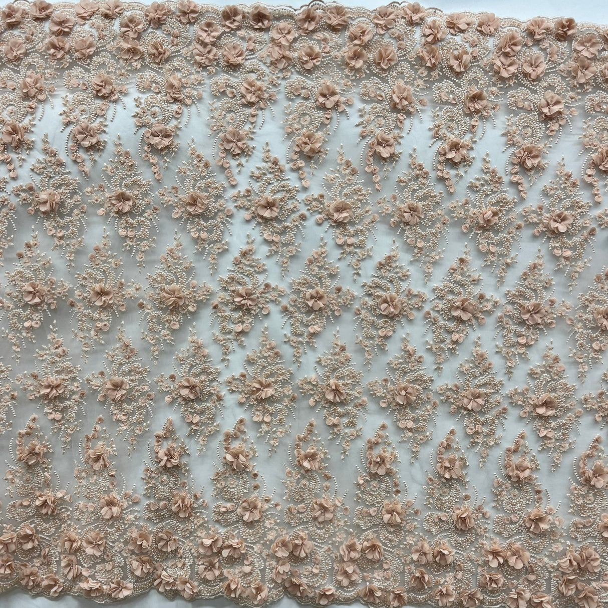 1 Yard Beaded 3D Floral Lace Fabric on Polyester Net Mesh, Embroidered Textile, 54" Width