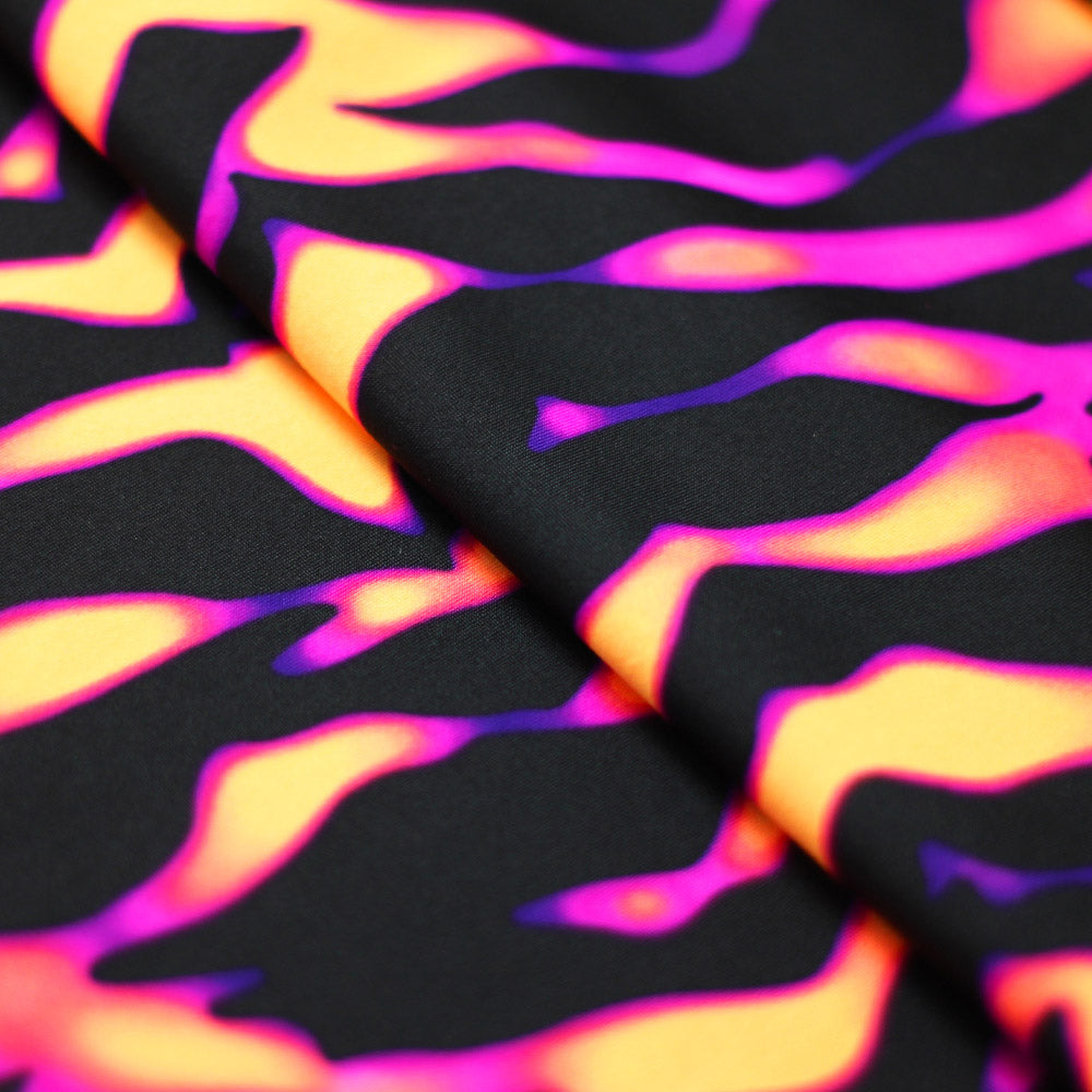 Eye Of The Tiger Nylon Spandex Fabric - Blue/Green Or Pink/Orange Tiger Print On Black, 58/60" Width (1 Yard)