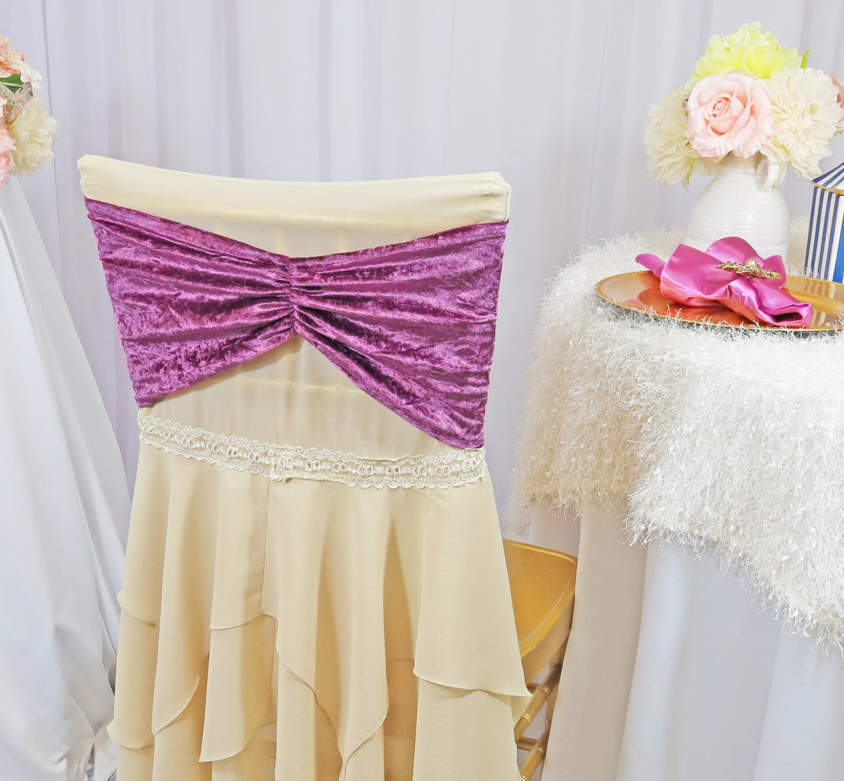 Ruffled Velvet Chair Bands 8x13 Mauve