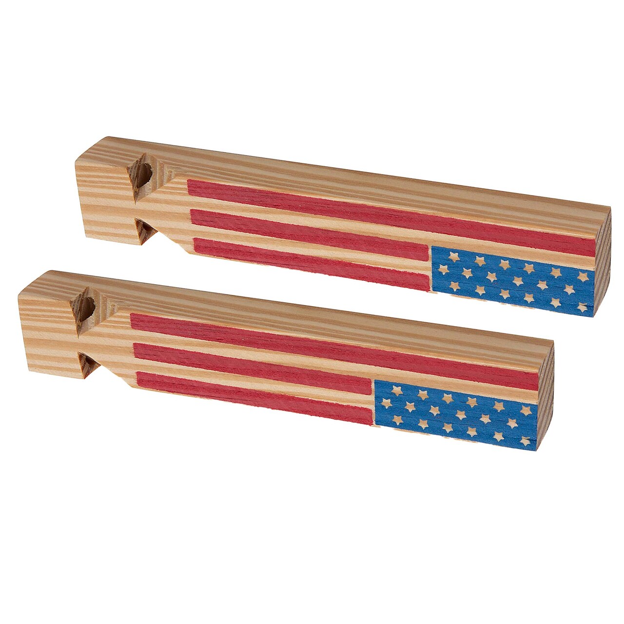 5 3/4" x 3/4" Patriotic U.S.A Flag Wood Train Whistles 12 Pieces