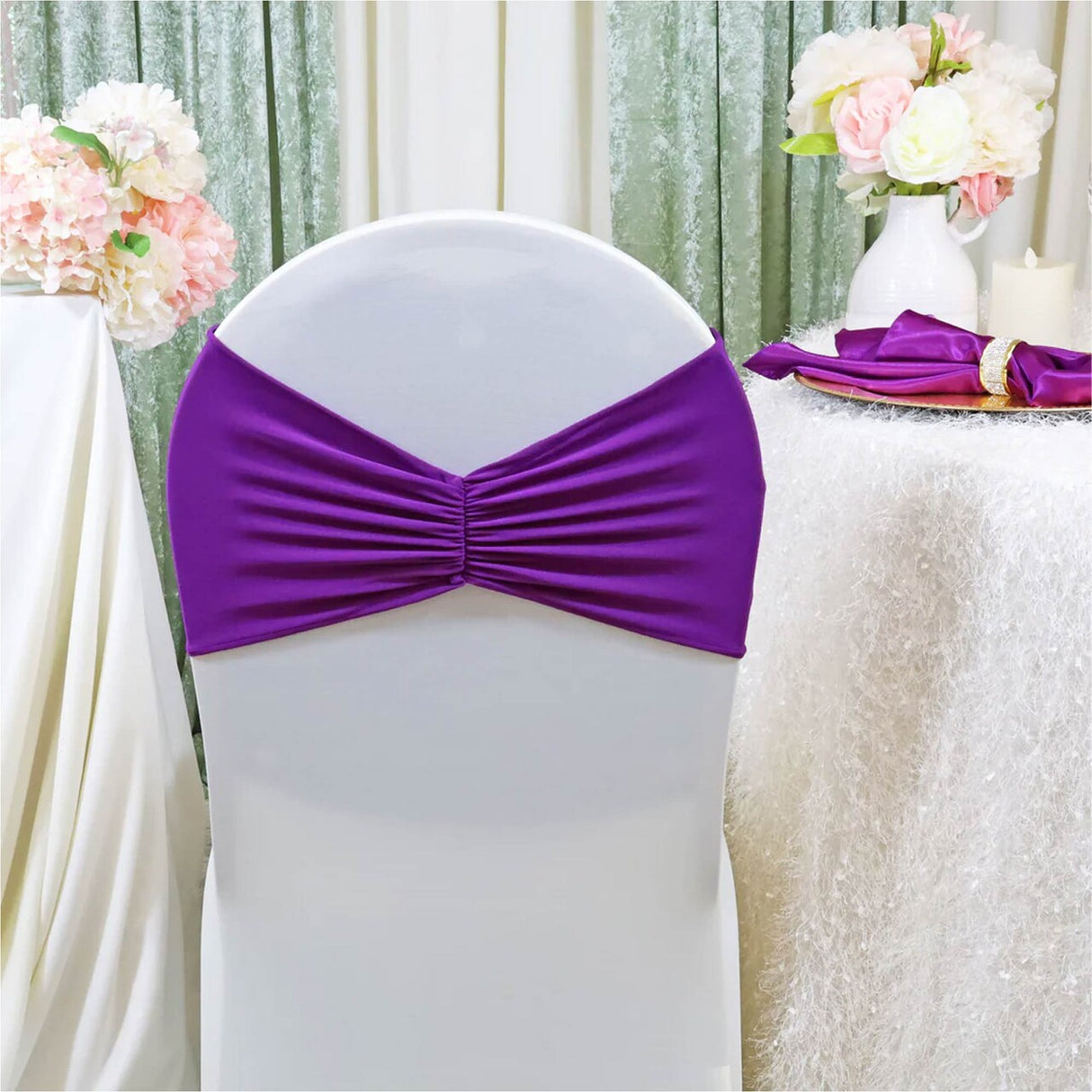 10 Pieces Purple Ruffled Spandex Chair Bands for Stylish Party Seating 8x13 inches