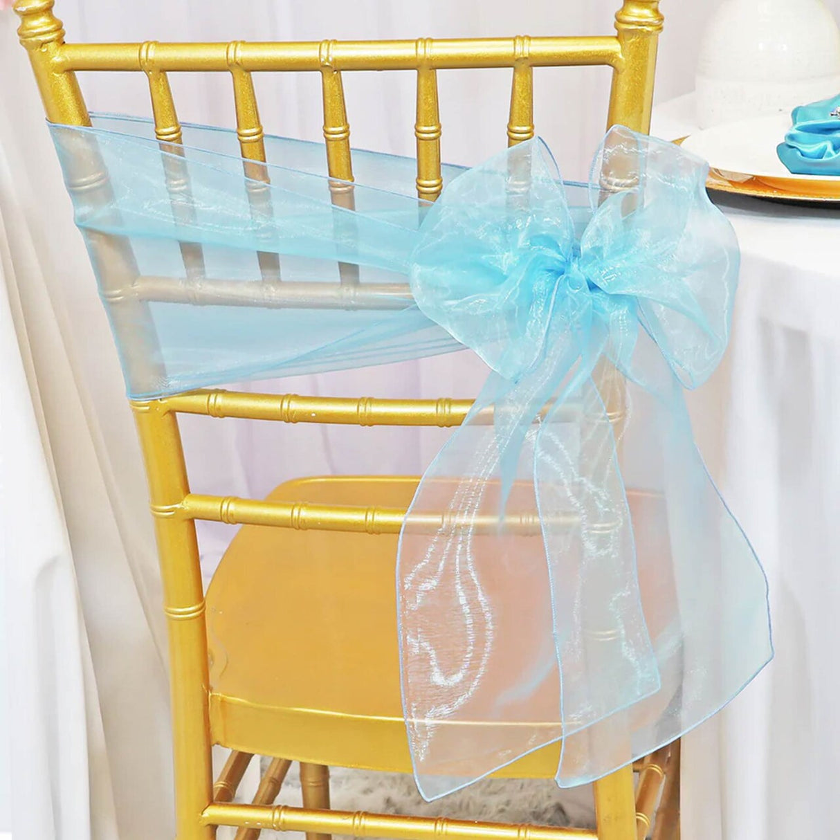 10 Pieces Baby Blue Organza Chair Sashes 8"x108" Sheer Elegant Chair Decor for Weddings & Events
