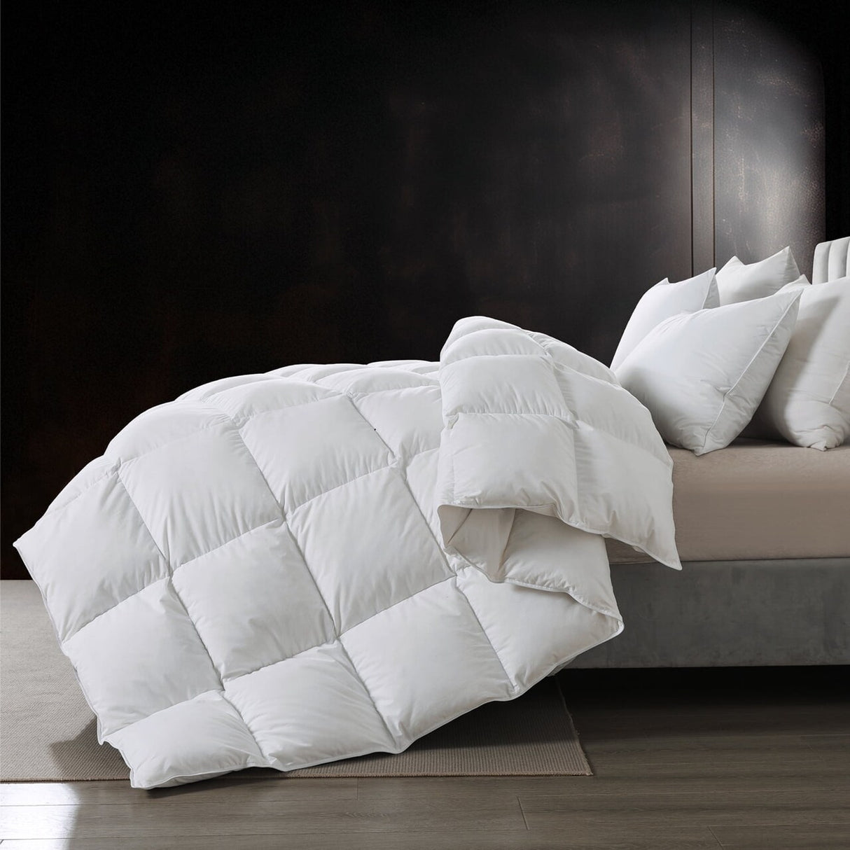 Three Geese Cal King Size Goose Feather Down Fiber Comforter - Ultra Soft All-Season Down Duvet Insert Fluffy Baffle Box Design with 8 Corner Loops for Warmth and Softness.