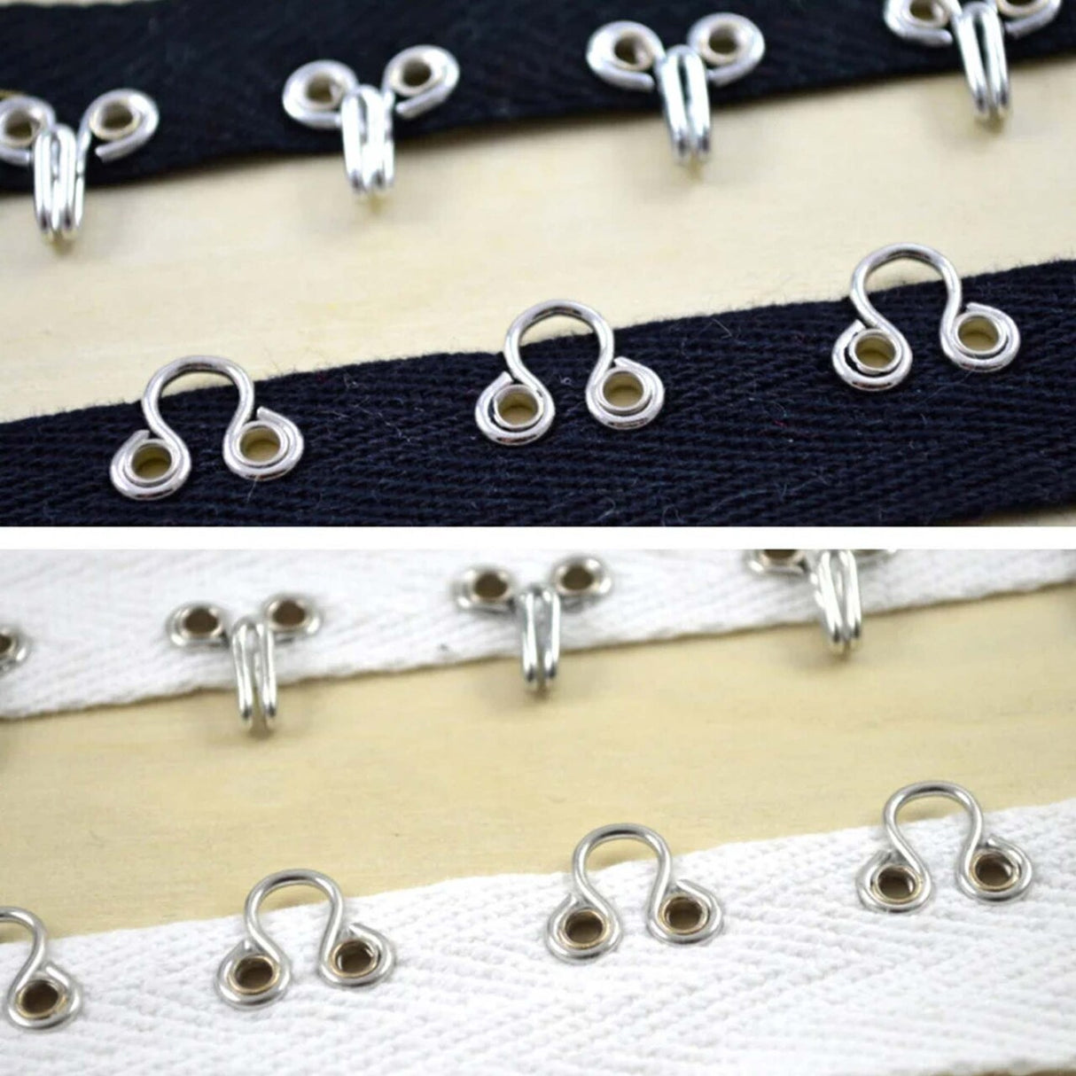 Black and silver Heavy Duty Hook and Eye Tape 7/8" Cotton Twill Trim with Metal Closures