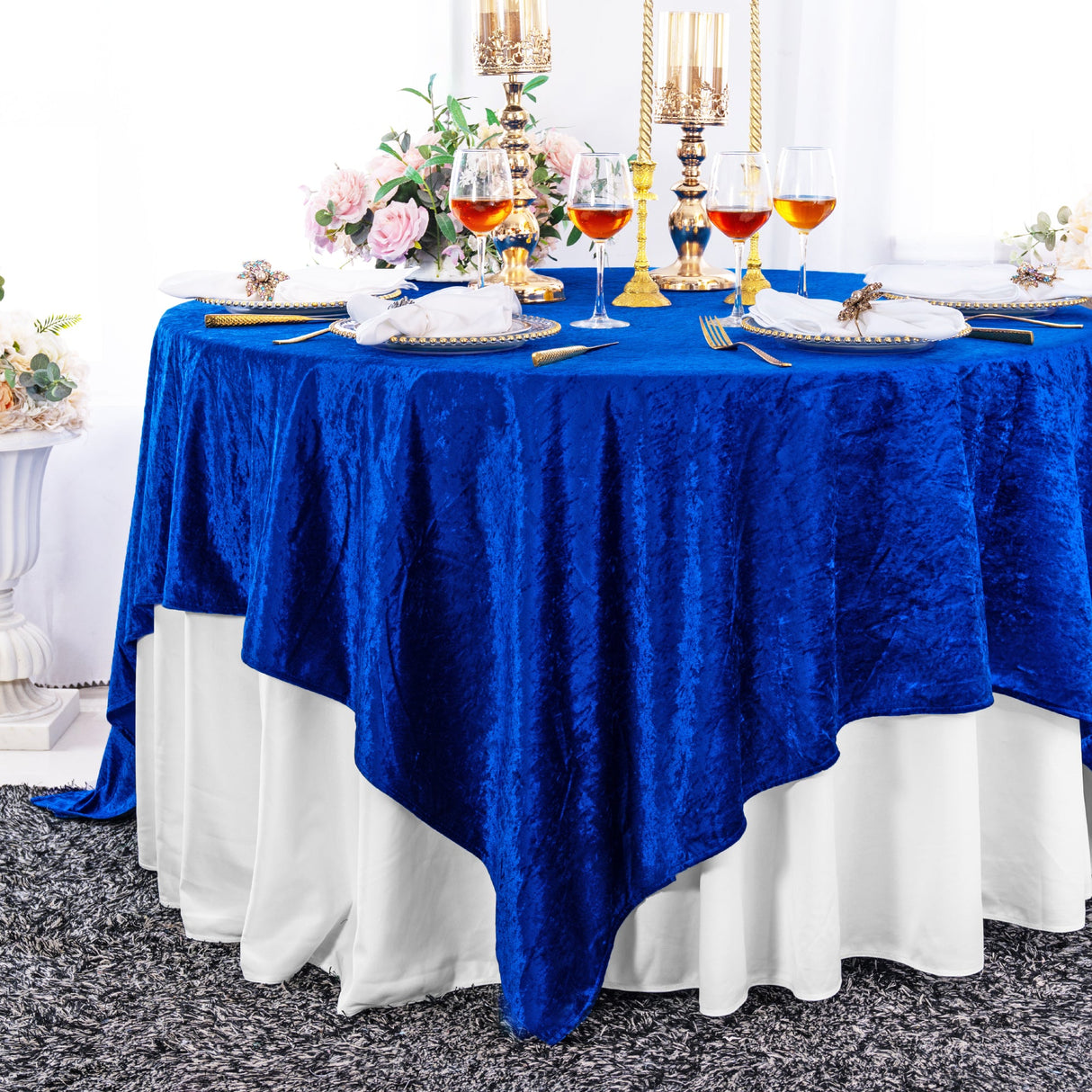 Square Crushed Velvet Tablecloth Overlay 85x85 Royal Blue