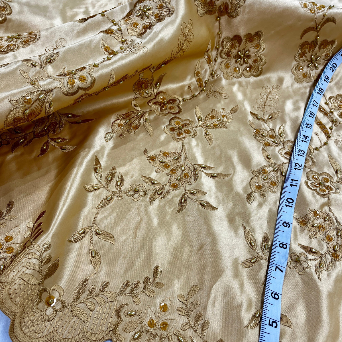 1 Yard Beaded Bridal Lace Fabric on 100% Polyester Satin, Elegant Embroidered Wedding Material