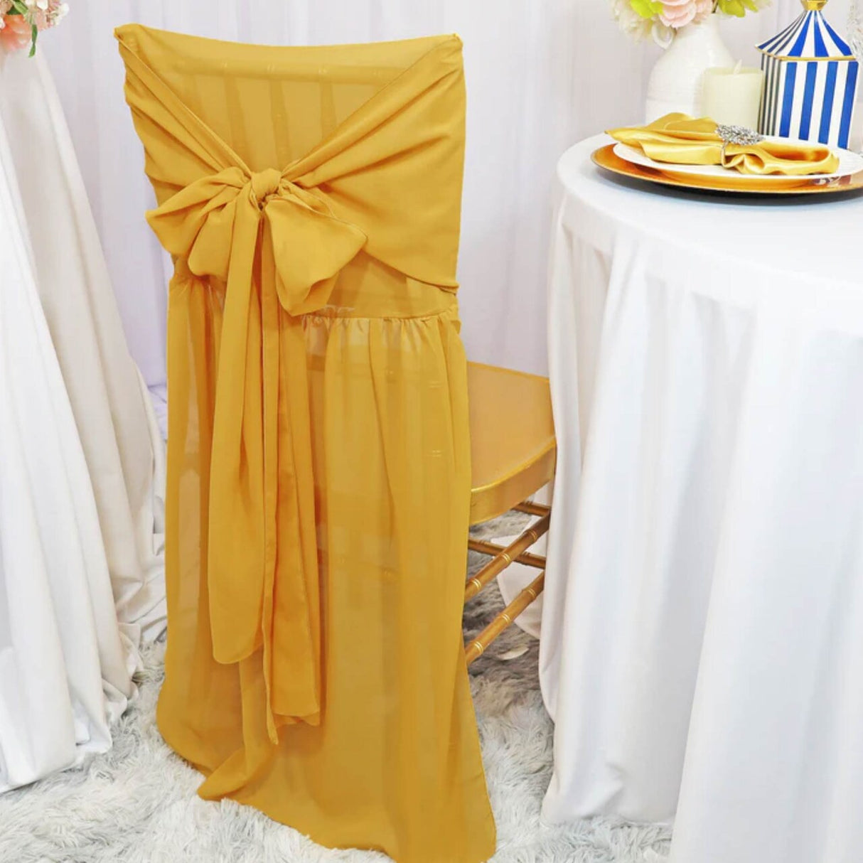 1 Piece Gold Chiffon Chair Back Drape with Sash Elegant Slipcover for Chiavari Chairs