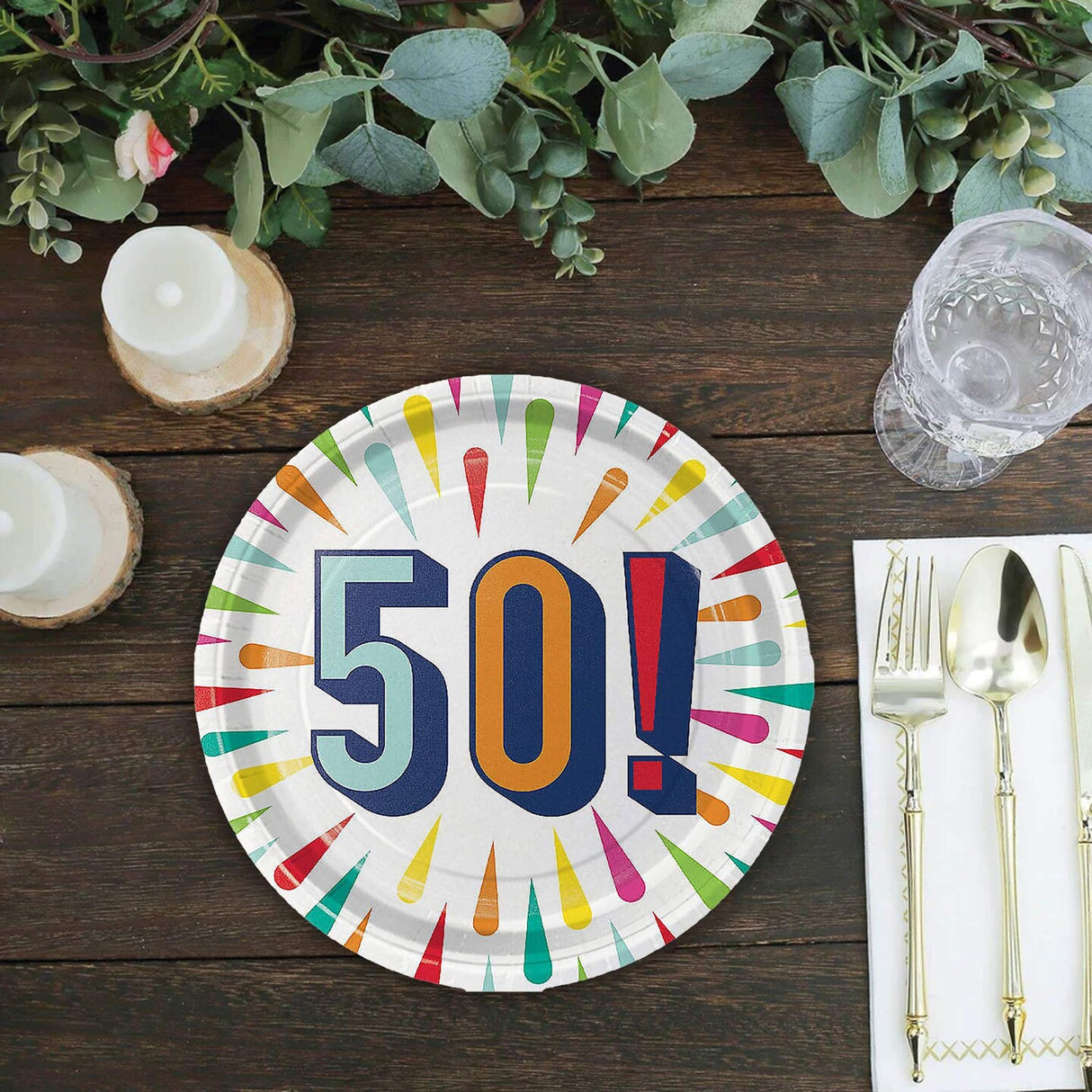 50th Birthday Burst Paper Dessert Plates 8 Count Colorful Milestone Party Supplies 7"